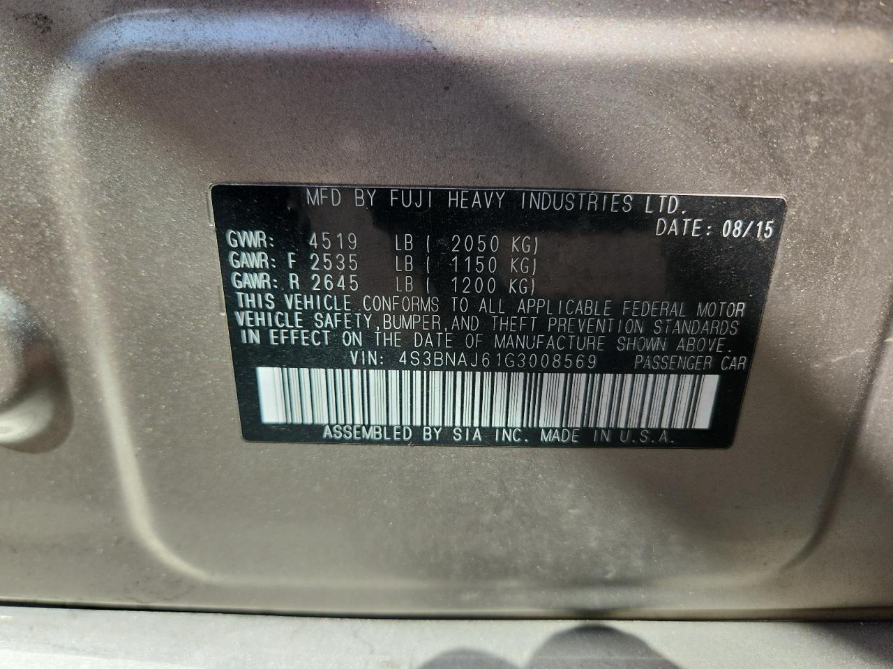 2016 Subaru Legacy 2.5I Limited VIN: 4S3BNAJ61G3008569 Lot: 71237475