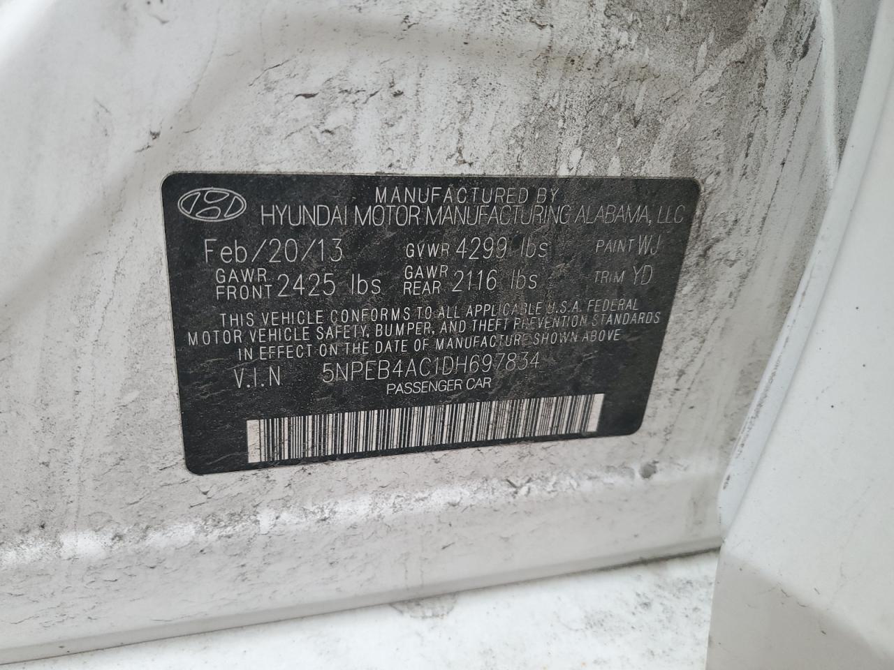 2013 Hyundai Sonata Gls VIN: 5NPEB4AC1DH697834 Lot: 71825235