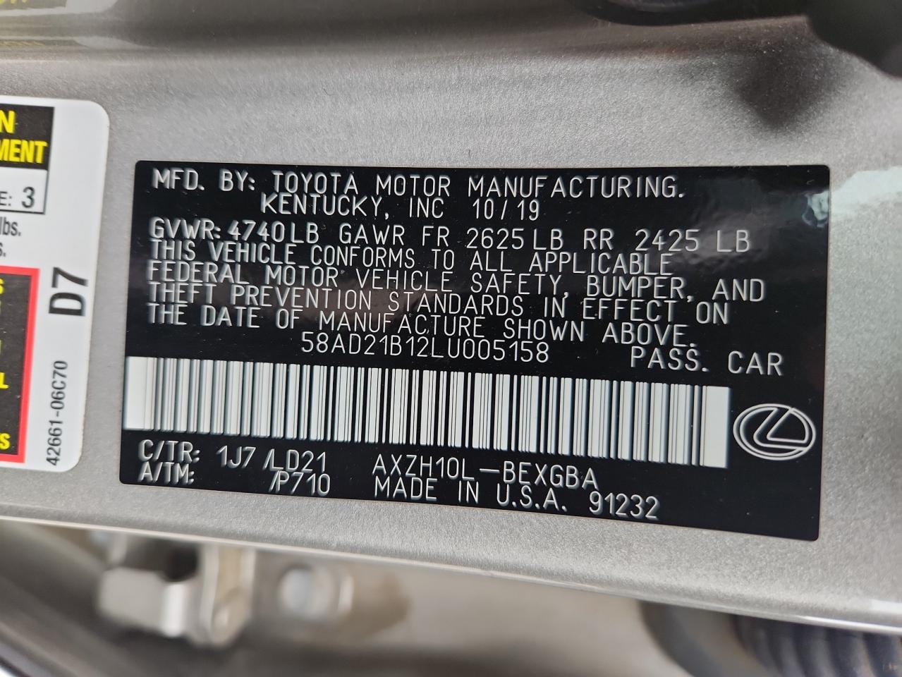 2020 Lexus Es 300H VIN: 58AD21B12LU005158 Lot: 81665715