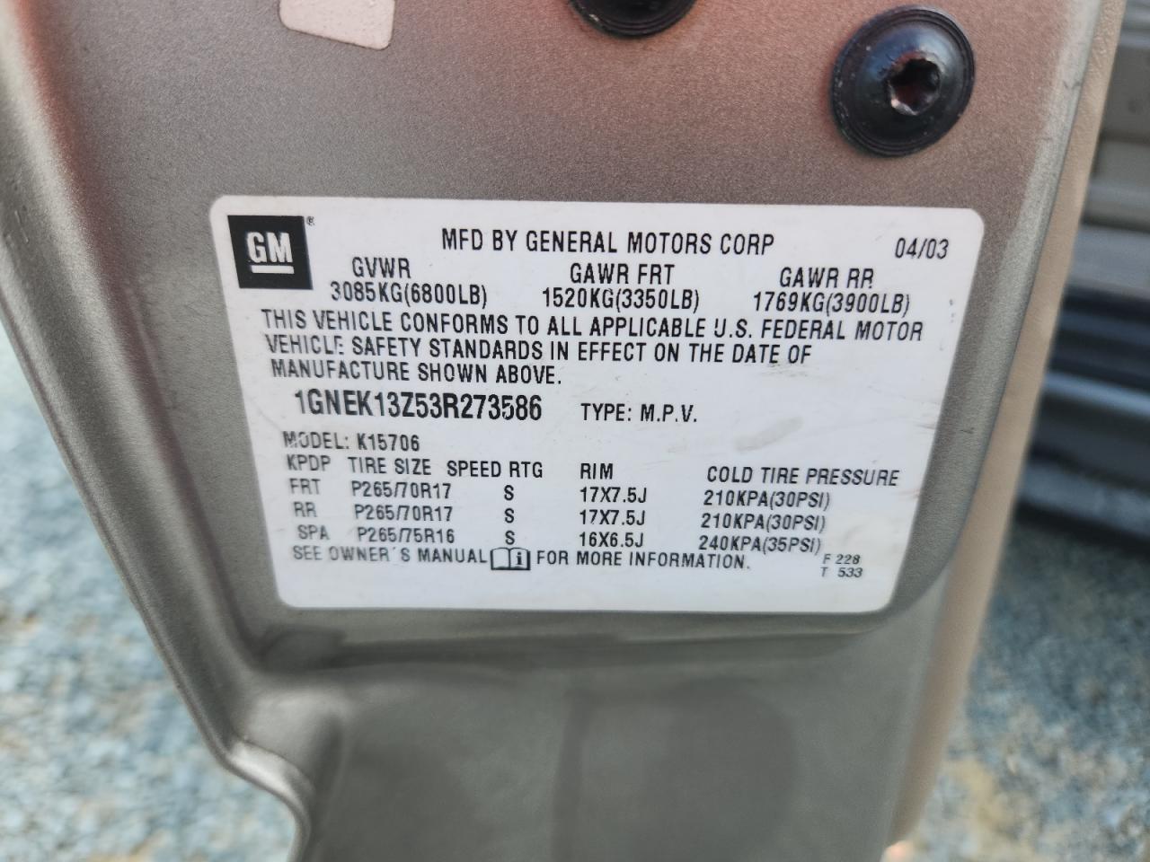 2003 Chevrolet Tahoe K1500 VIN: 1GNEK13Z53R273586 Lot: 71684835