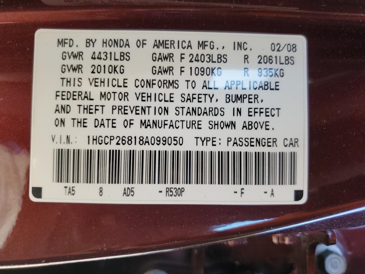 2008 Honda Accord Exl VIN: 1HGCP26818A099050 Lot: 80184485