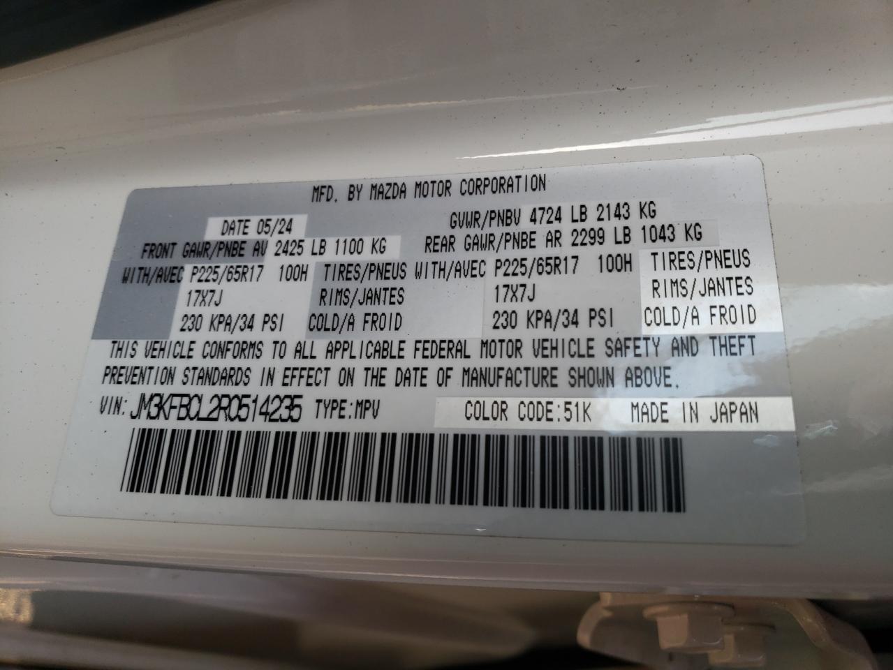 2024 Mazda Cx-5 Preferred VIN: JM3KFBCL2R0514235 Lot: 81770445