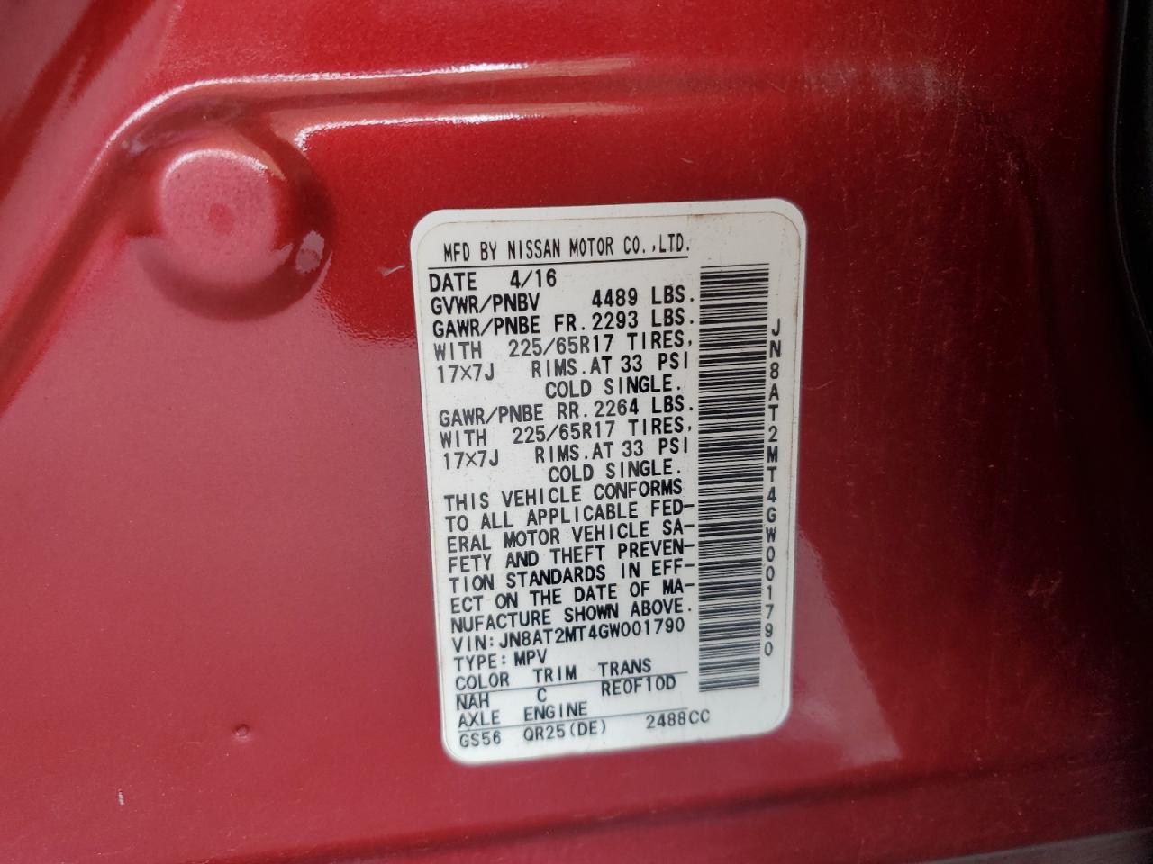 2016 Nissan Rogue S VIN: JN8AT2MT4GW001790 Lot: 81834805