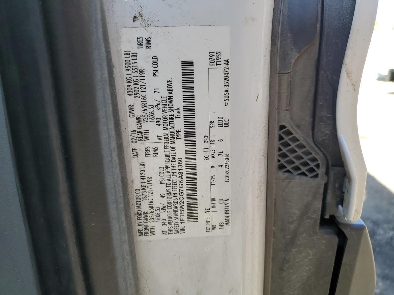 2016 Ford Transit T-350 VIN: 1FTBW2CG7GKA81380 Lot: 81419425