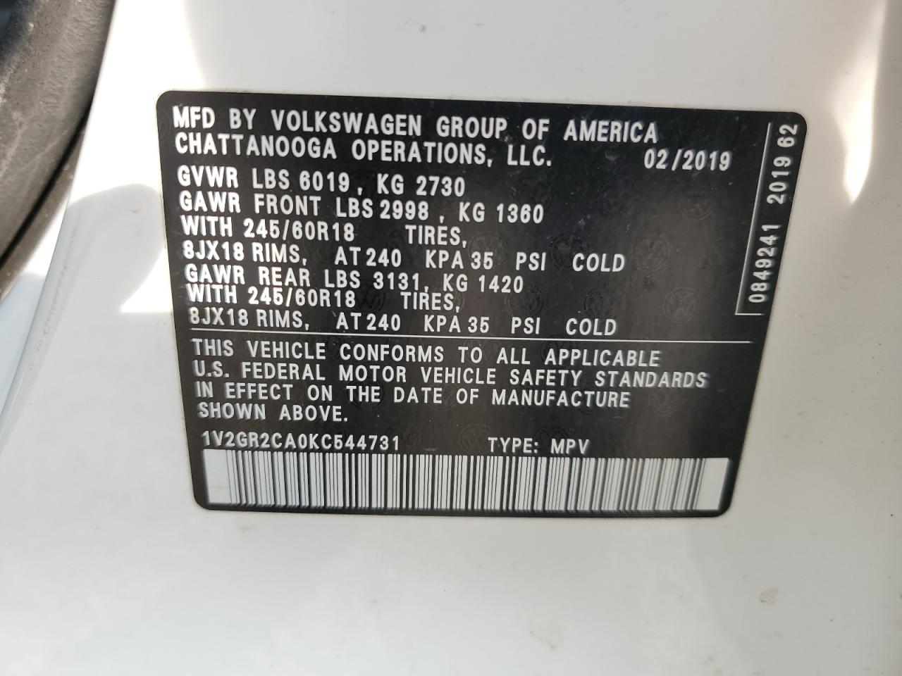 2019 Volkswagen Atlas S VIN: 1V2GR2CA0KC544731 Lot: 81644145