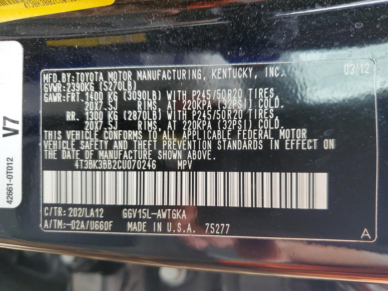 2012 Toyota Venza Le VIN: 4T3BK3BB2CU070246 Lot: 71746645