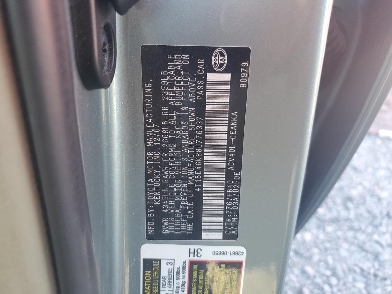 2008 Toyota Camry Ce VIN: 4T1BE46K88U776337 Lot: 80467025