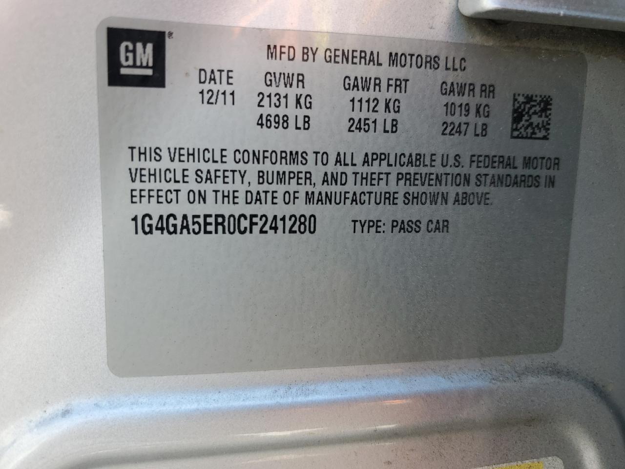 2012 Buick Lacrosse VIN: 1G4GA5ER0CF241280 Lot: 80998505