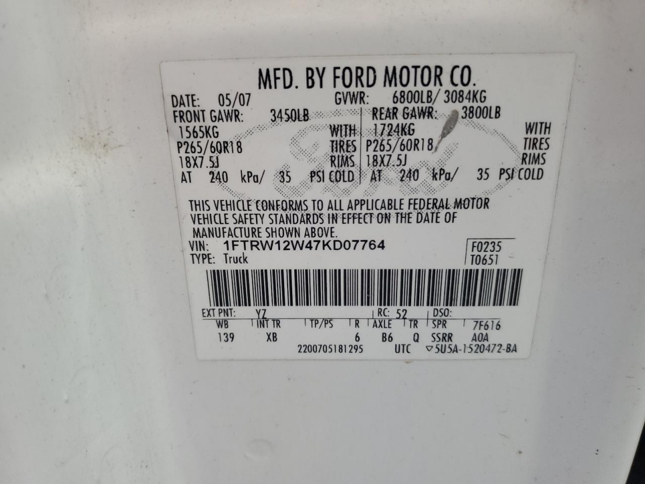2007 Ford F150 Supercrew VIN: 1FTRW12W47KD07764 Lot: 84601835