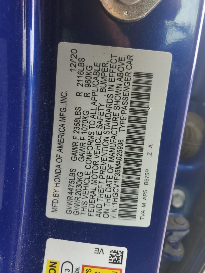 2021 Honda Accord Sport VIN: 1HGCV1F35MA025936 Lot: 80194675