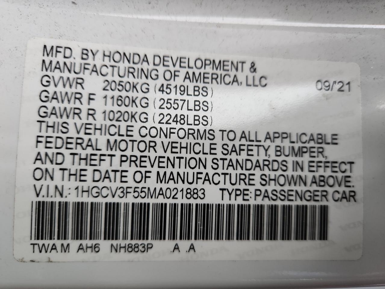 2021 Honda Accord Hybrid Exl VIN: 1HGCV3F55MA021883 Lot: 81227855