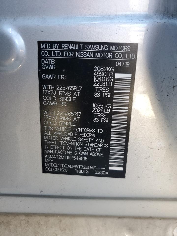 2019 Nissan Rogue S VIN: KNMAT2MT1KP549616 Lot: 81518585