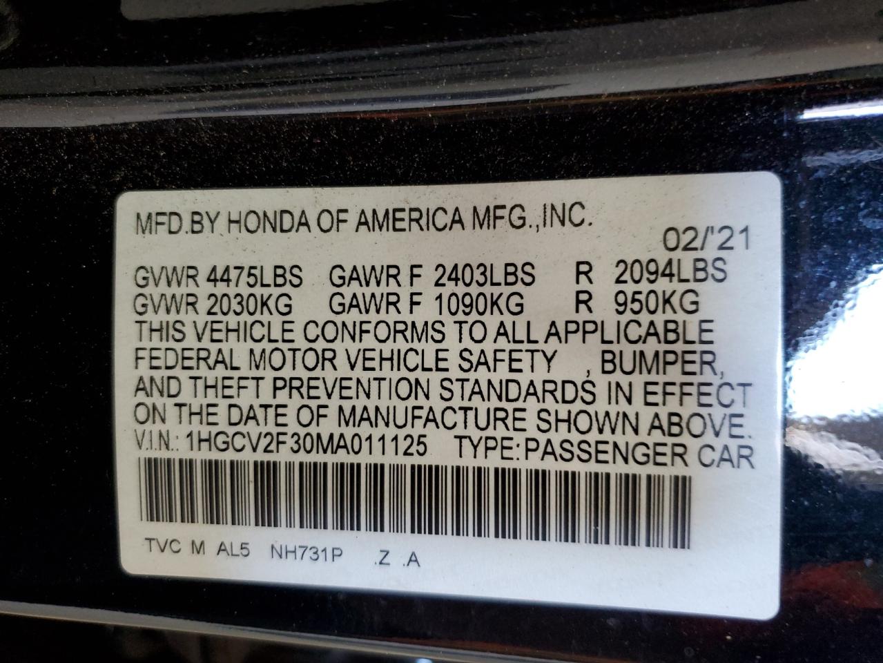 2021 Honda Accord Sport VIN: 1HGCV2F30MA011125 Lot: 71640945