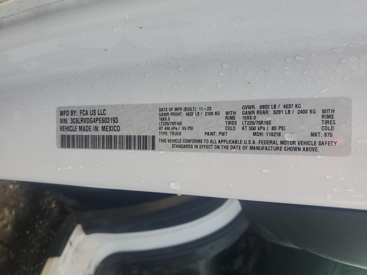 2023 Ram Promaster 2500 2500 High VIN: 3C6LRVDG4PE603193 Lot: 71982305