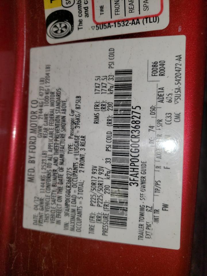 2012 Ford Fusion Sel VIN: 3FAHP0CG0CR368275 Lot: 81502485