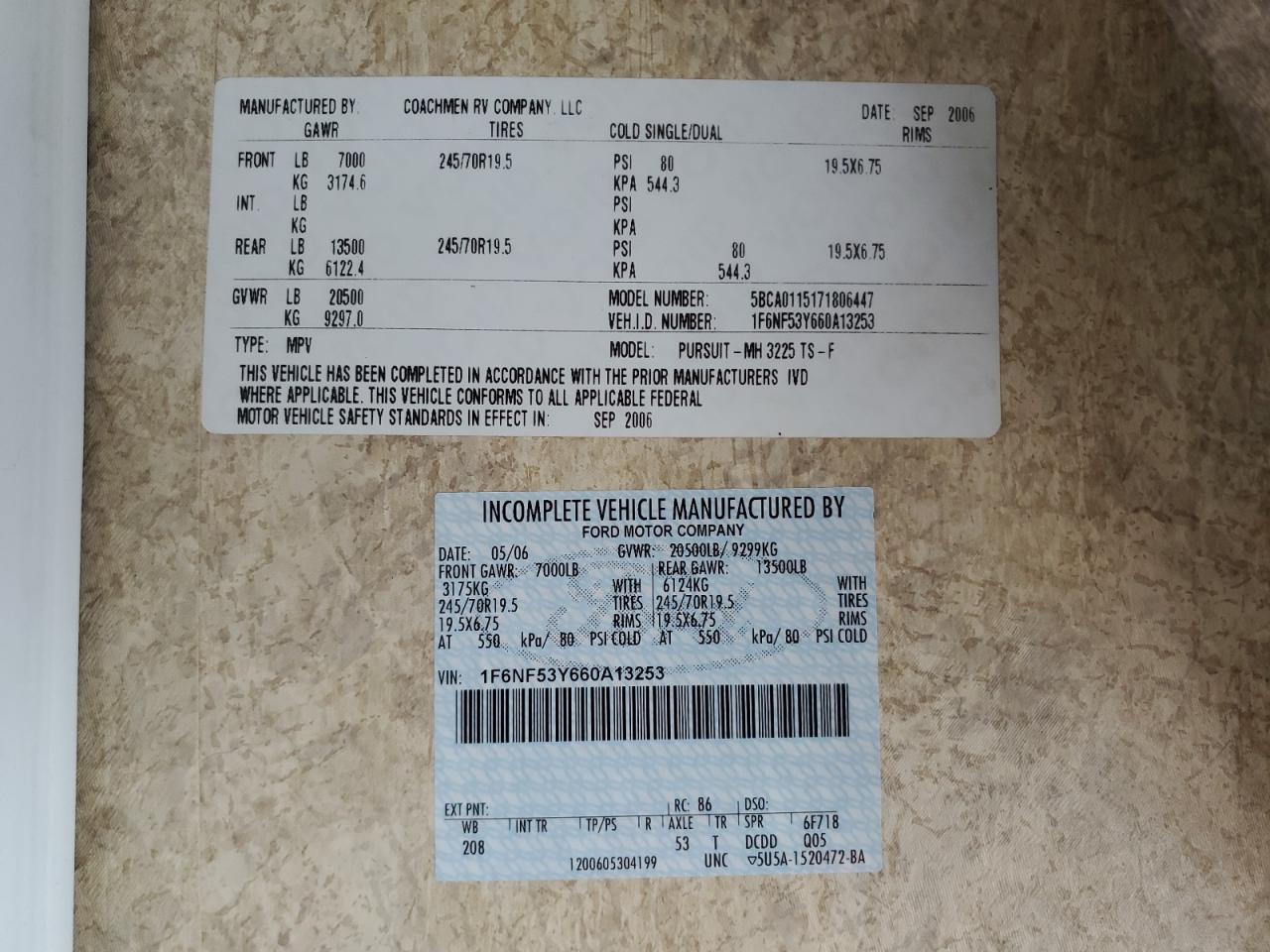 2006 Ford F550 Super - Rv VIN: 1F6NF53Y660A13253 Lot: 85242945