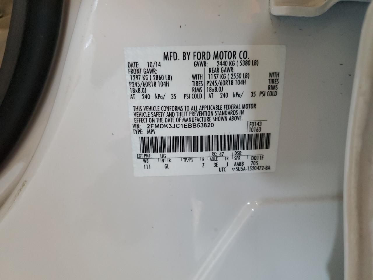 2014 Ford Edge Sel VIN: 2FMDK3JC1EBB53820 Lot: 81432155