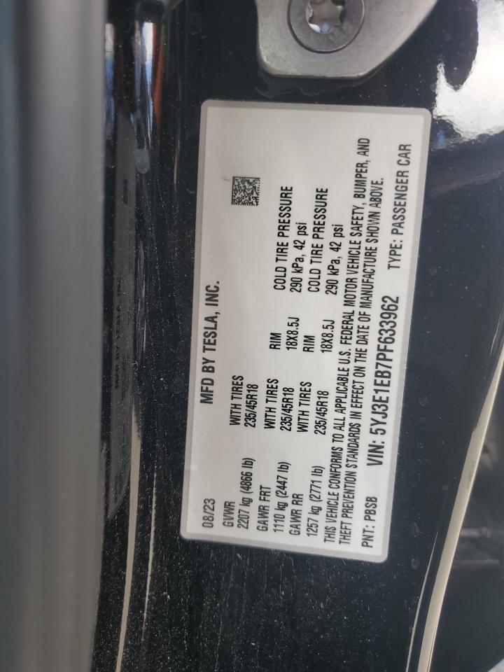 2023 Tesla Model 3 VIN: 5YJ3E1EB7PF633962 Lot: 84413215