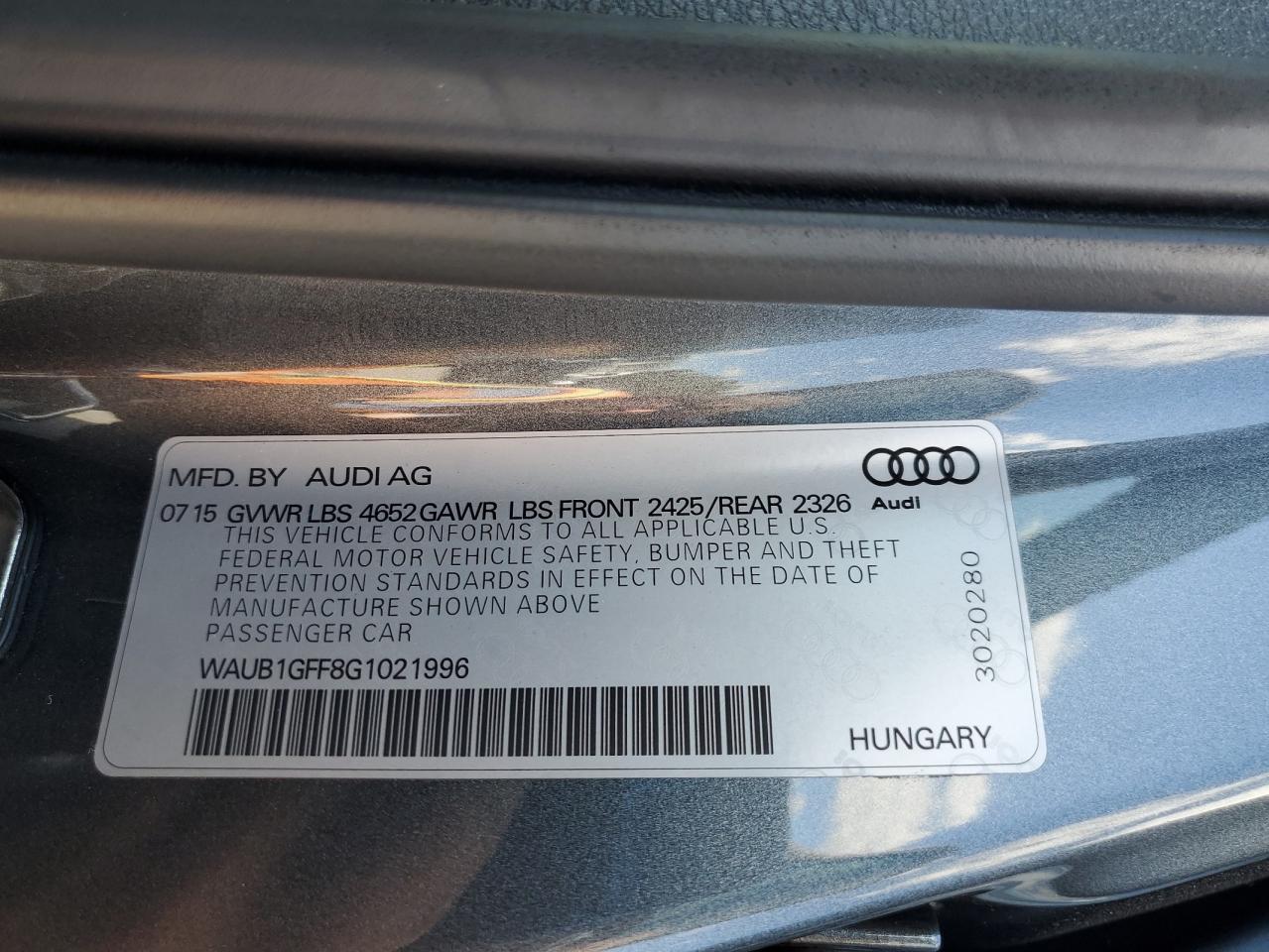2016 Audi S3 Premium Plus VIN: WAUB1GFF8G1021996 Lot: 80299855