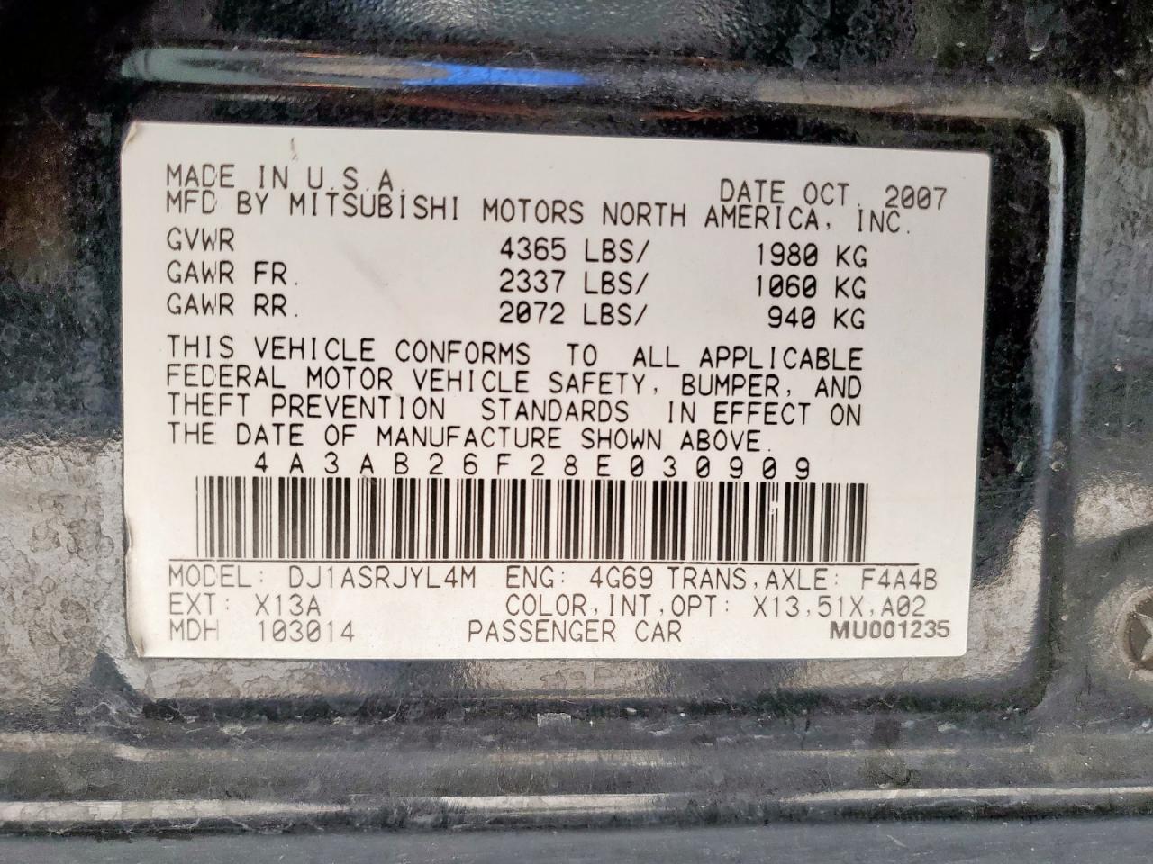 2008 Mitsubishi Galant De VIN: 4A3AB26F28E030909 Lot: 84270895