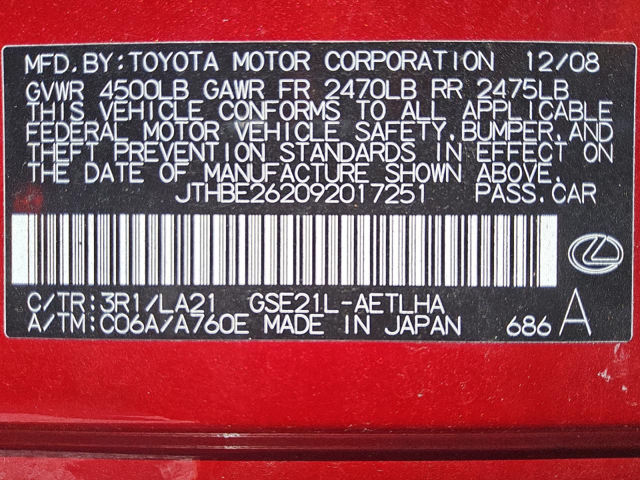 2009 Lexus Is 350 VIN: JTHBE262092017251 Lot: 80743105