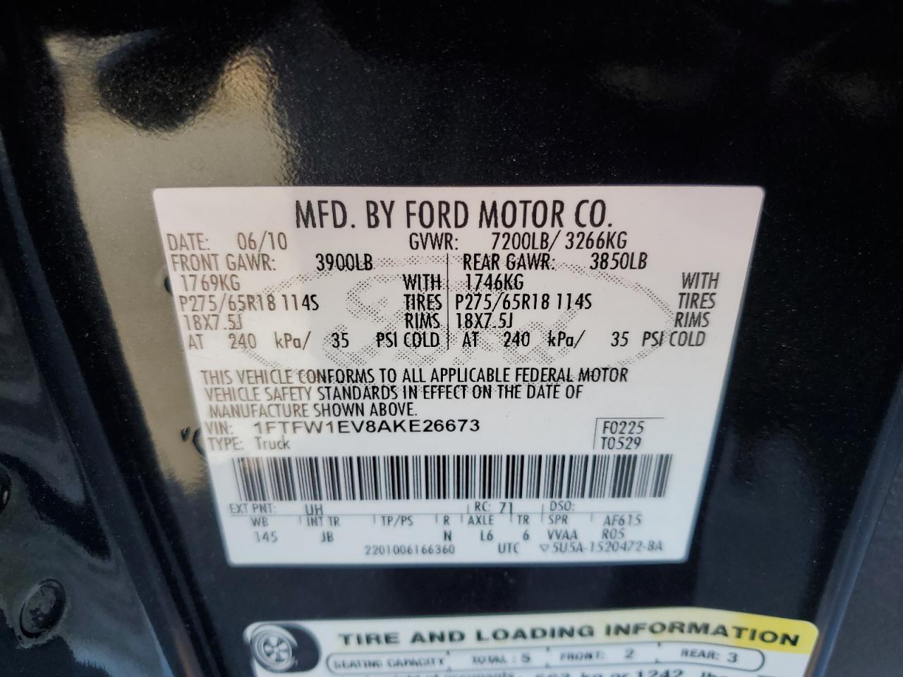 2010 Ford F150 Supercrew VIN: 1FTFW1EV8AKE26673 Lot: 84235795