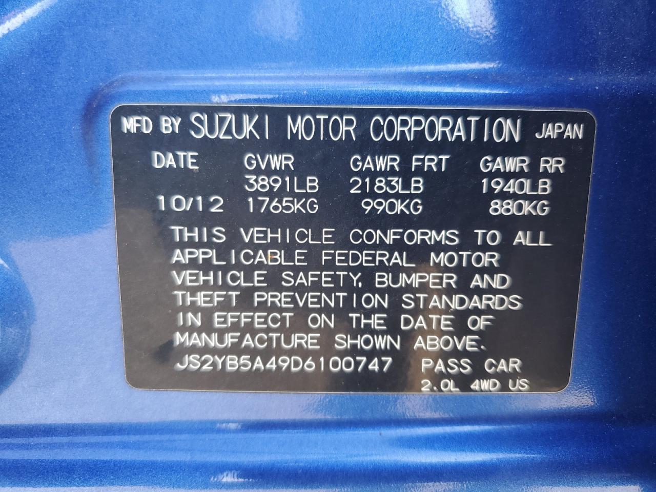 2013 Suzuki Sx4 Technology VIN: JS2YB5A49D6100747 Lot: 80788525