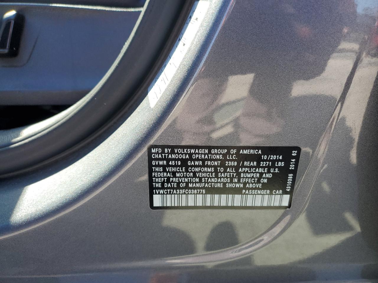 2015 Volkswagen Passat Sel VIN: 1VWCT7A33FC036775 Lot: 81818485