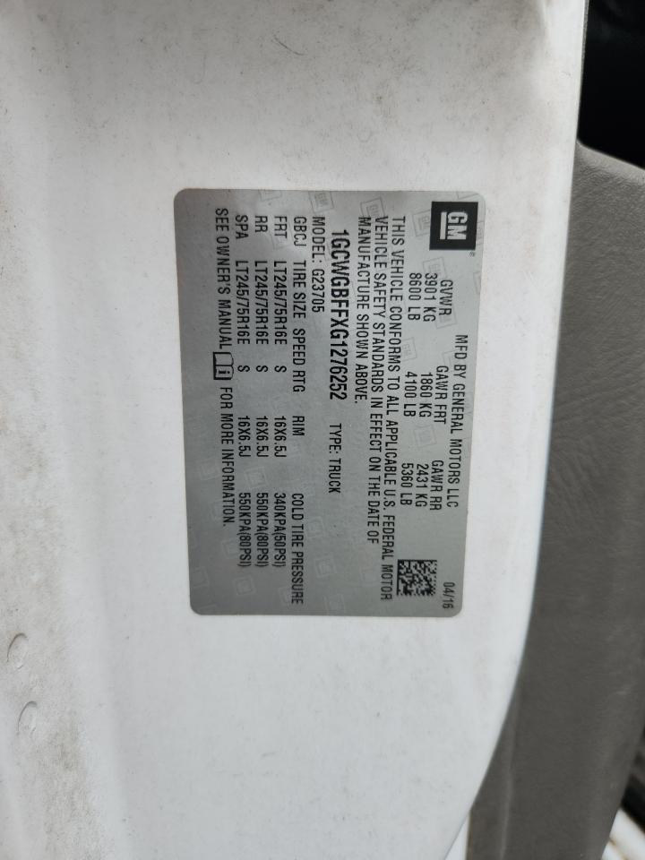 2016 Chevrolet Express G2500 VIN: 1GCWGBFFXG1276252 Lot: 84176535