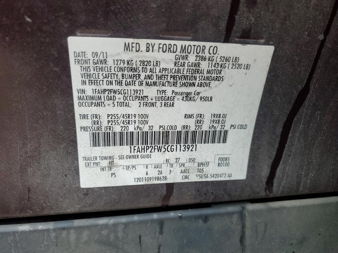2012 Ford Taurus Limited VIN: 1FAHP2FW5CG113921 Lot: 81922255