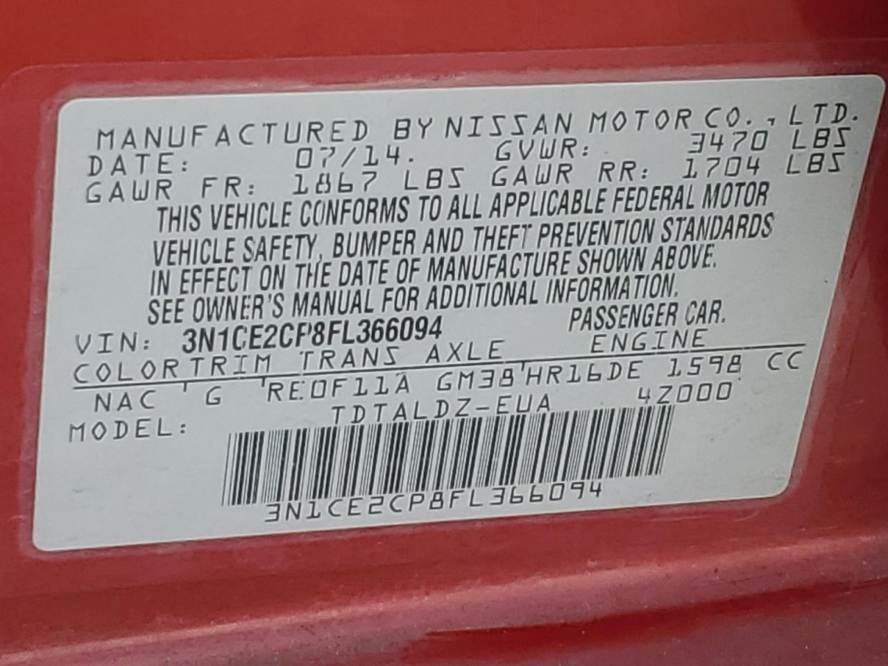 2015 Nissan Versa Note S VIN: 3N1CE2CP8FL366094 Lot: 81988555