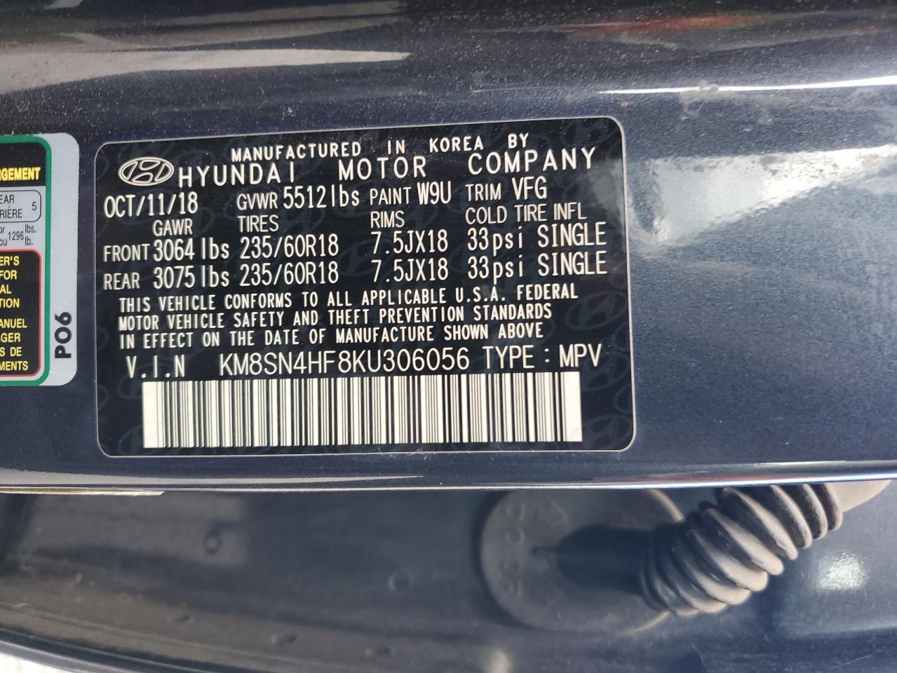 2019 Hyundai Santa Fe Xl Se VIN: KM8SN4HF8KU306056 Lot: 81115935