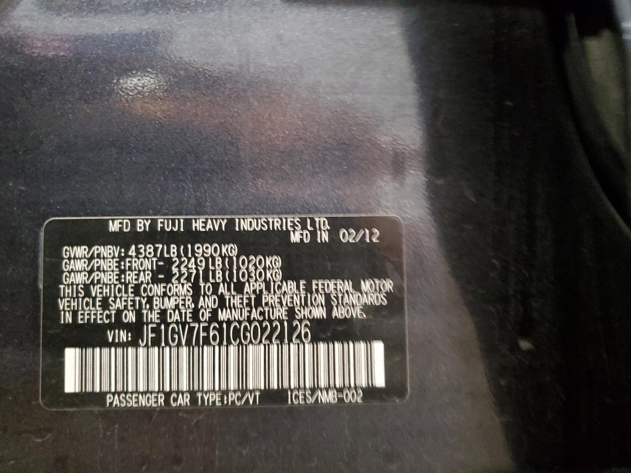 2012 Subaru Impreza Wrx VIN: JF1GV7F61CG022126 Lot: 80652875