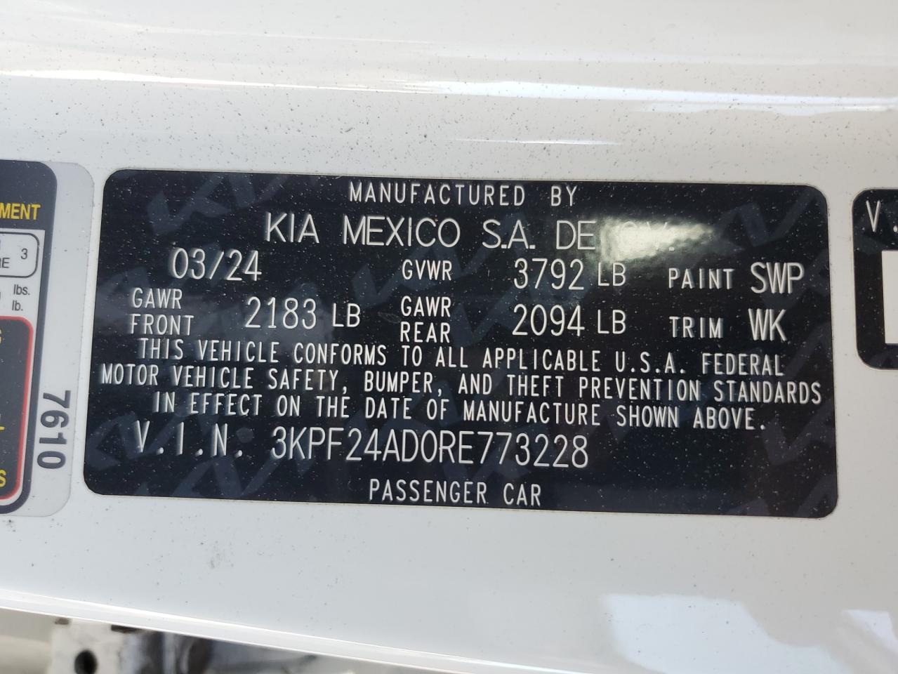 2024 Kia Forte Lx VIN: 3KPF24AD0RE773228 Lot: 70104705