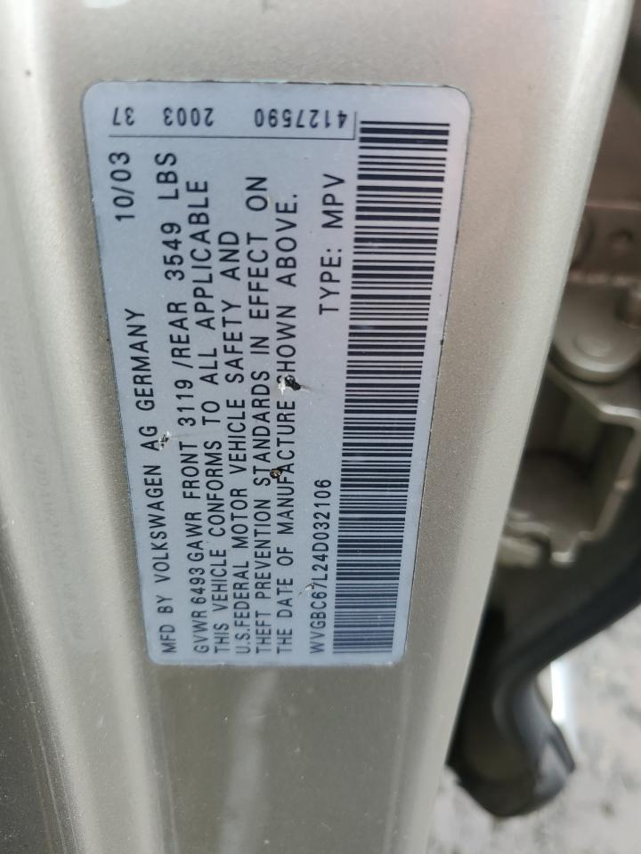 2004 Volkswagen Touareg 3.2 VIN: WVGBC67L24D032106 Lot: 81946545