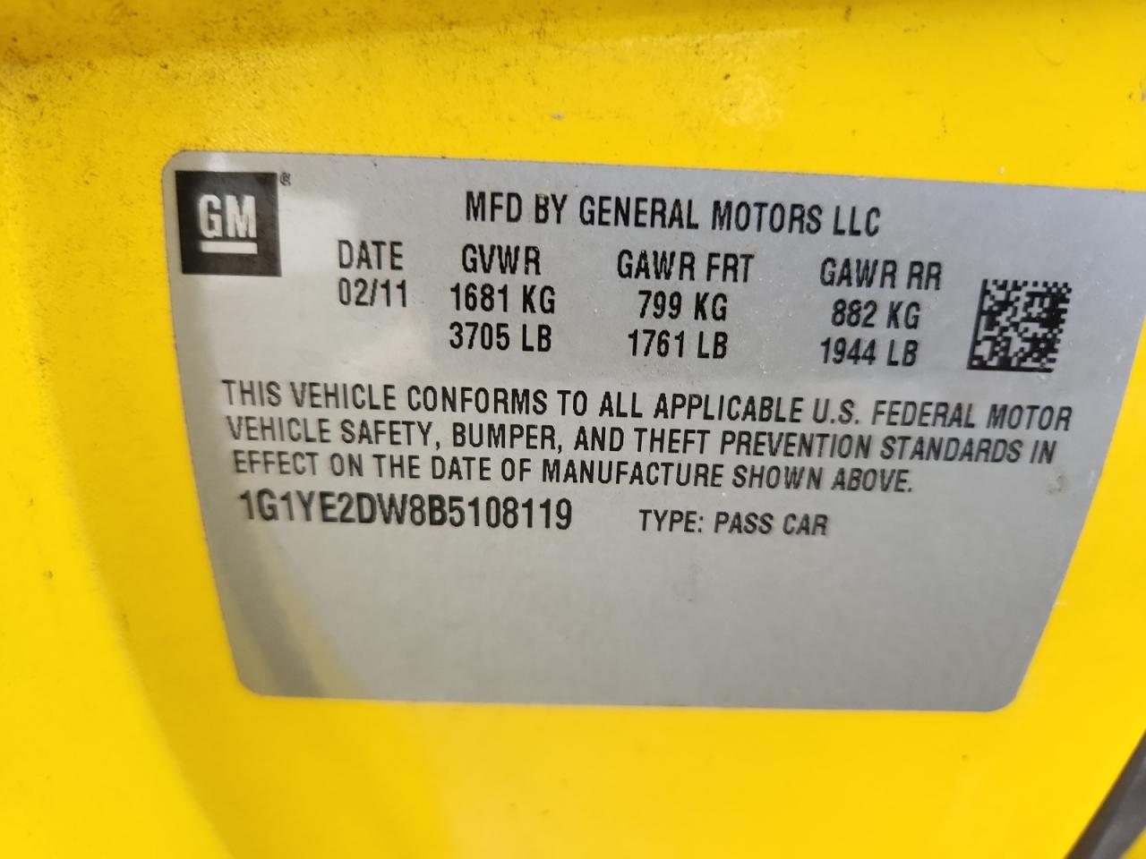 2011 Chevrolet Corvette VIN: 1G1YE2DW8B5108119 Lot: 84050145