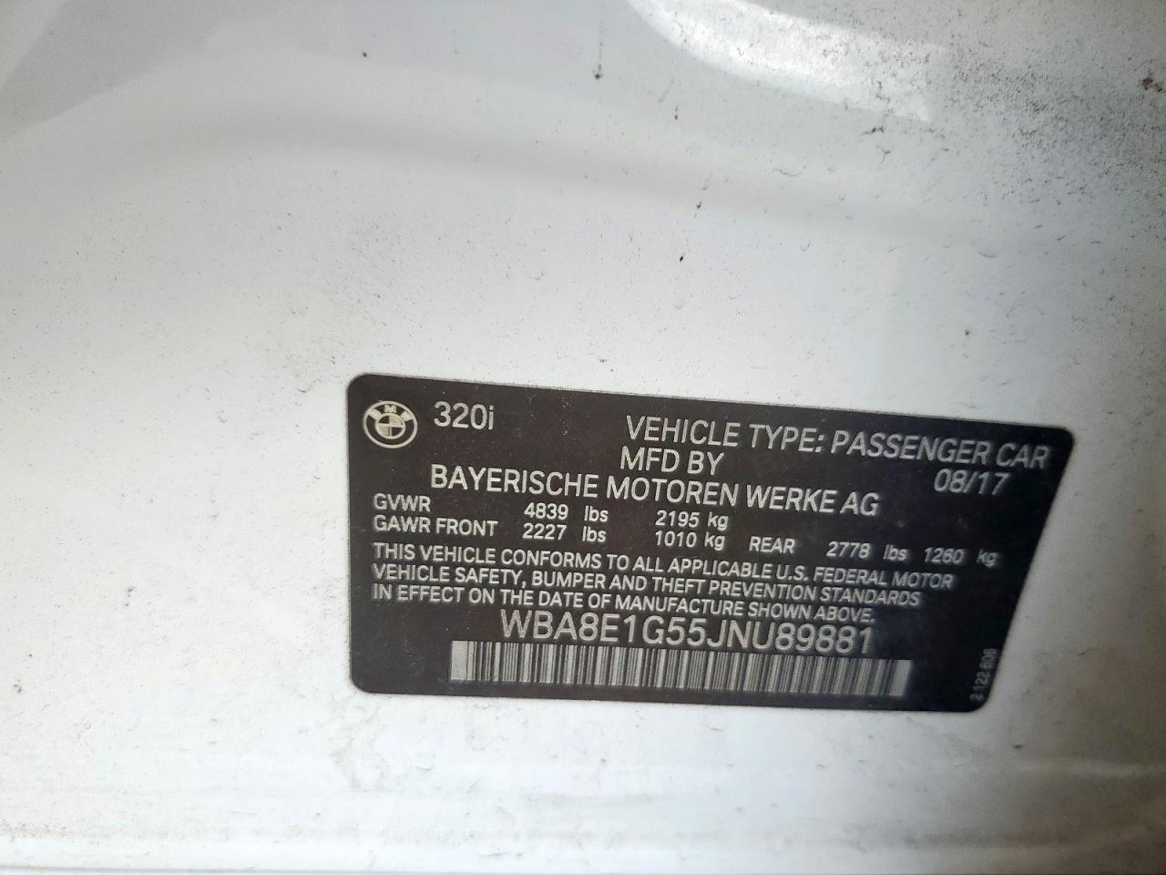 2018 BMW 320 I VIN: WBA8E1G55JNU89881 Lot: 81672605