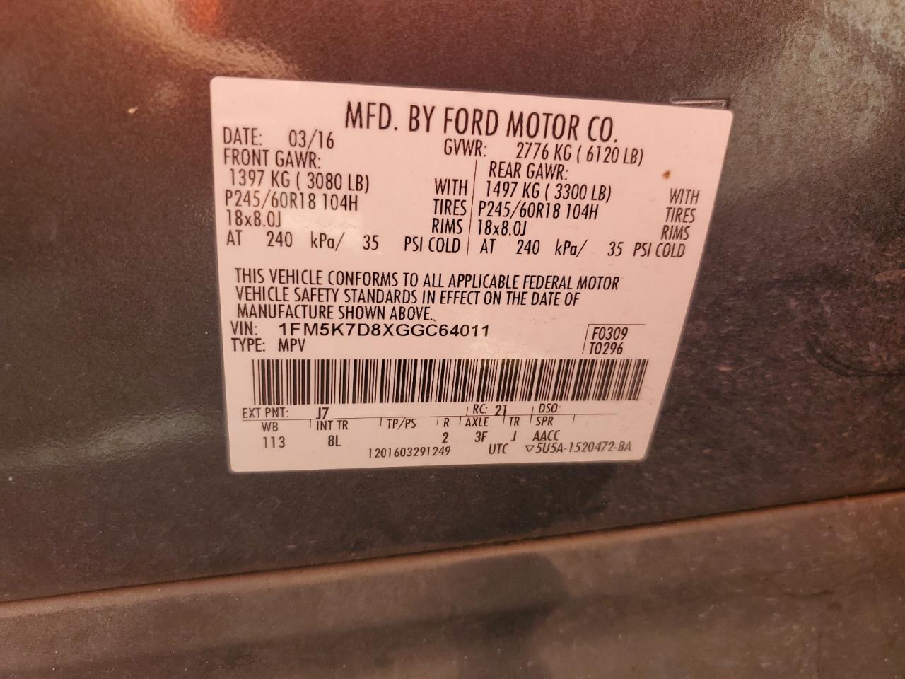 2016 Ford Explorer Xlt VIN: 1FM5K7D8XGGC64011 Lot: 68728695