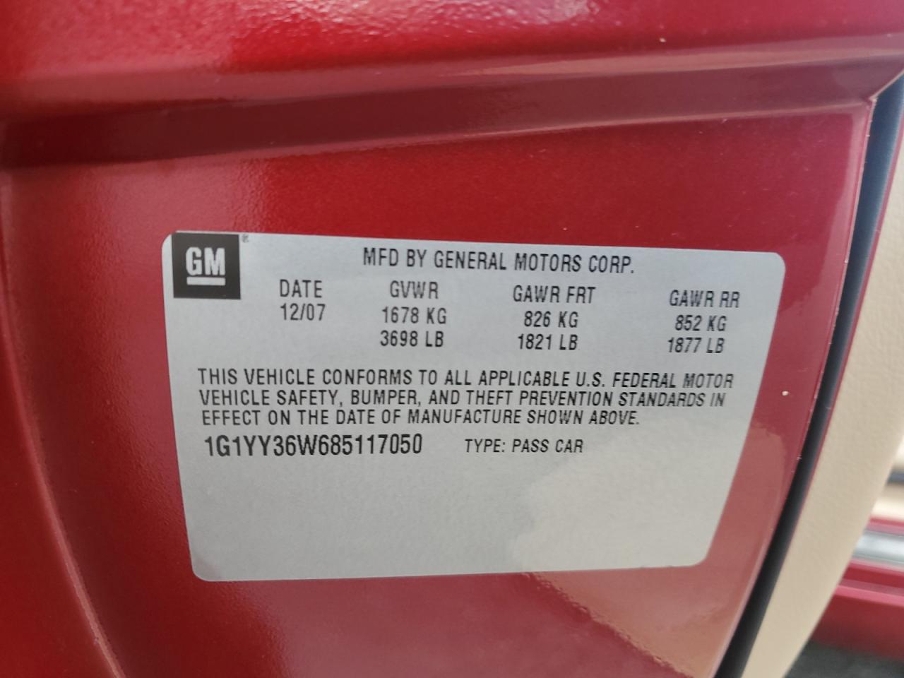 2008 Chevrolet Corvette VIN: 1G1YY36W685117050 Lot: 81802095