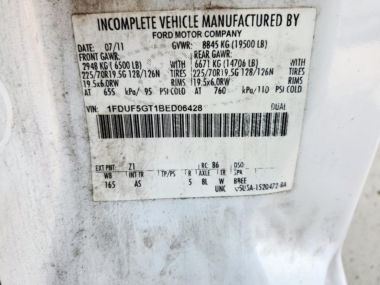 2011 Ford F550 Super Duty VIN: 1FDUF5GT1BED06428 Lot: 70310935
