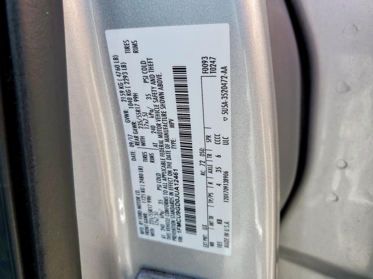 2018 Ford Escape Se VIN: 1FMCU9GD0JUA12461 Lot: 84226955