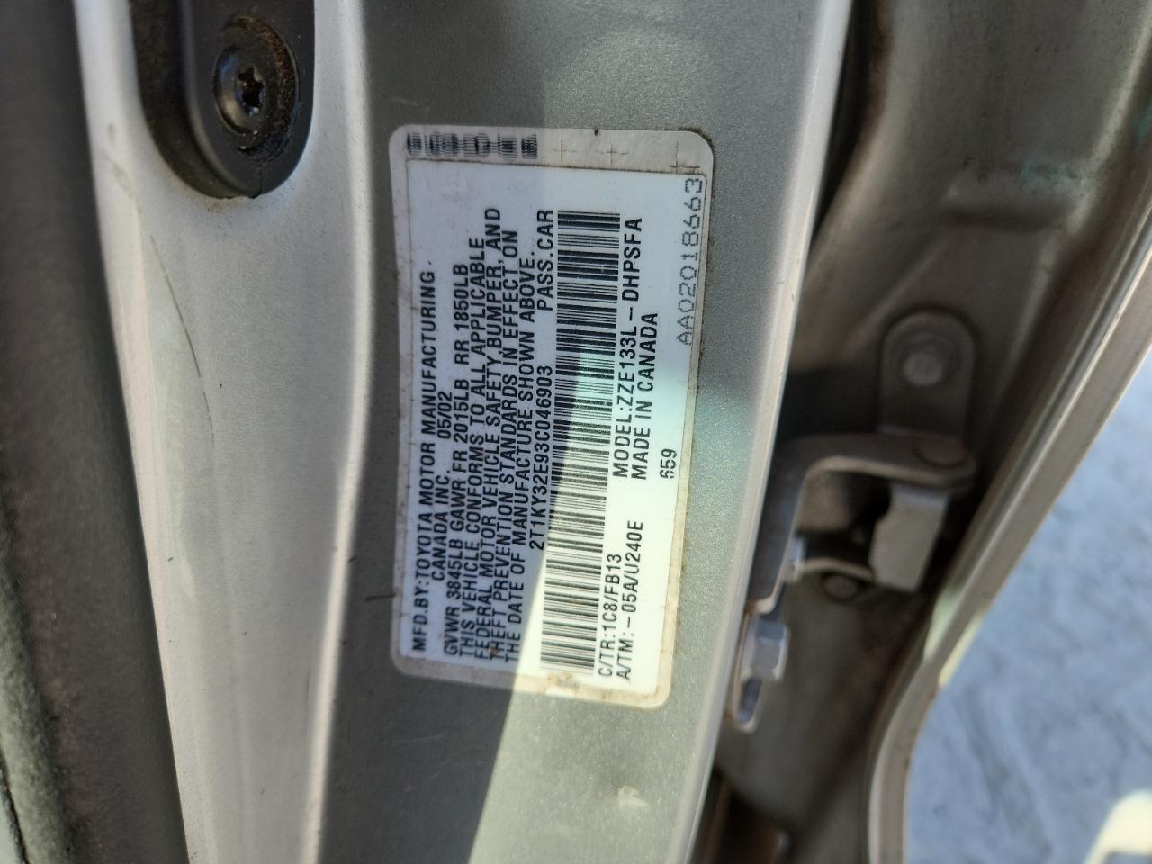 2003 Toyota Corolla Matrix Xrs VIN: 2T1KY32E93C046903 Lot: 83781935