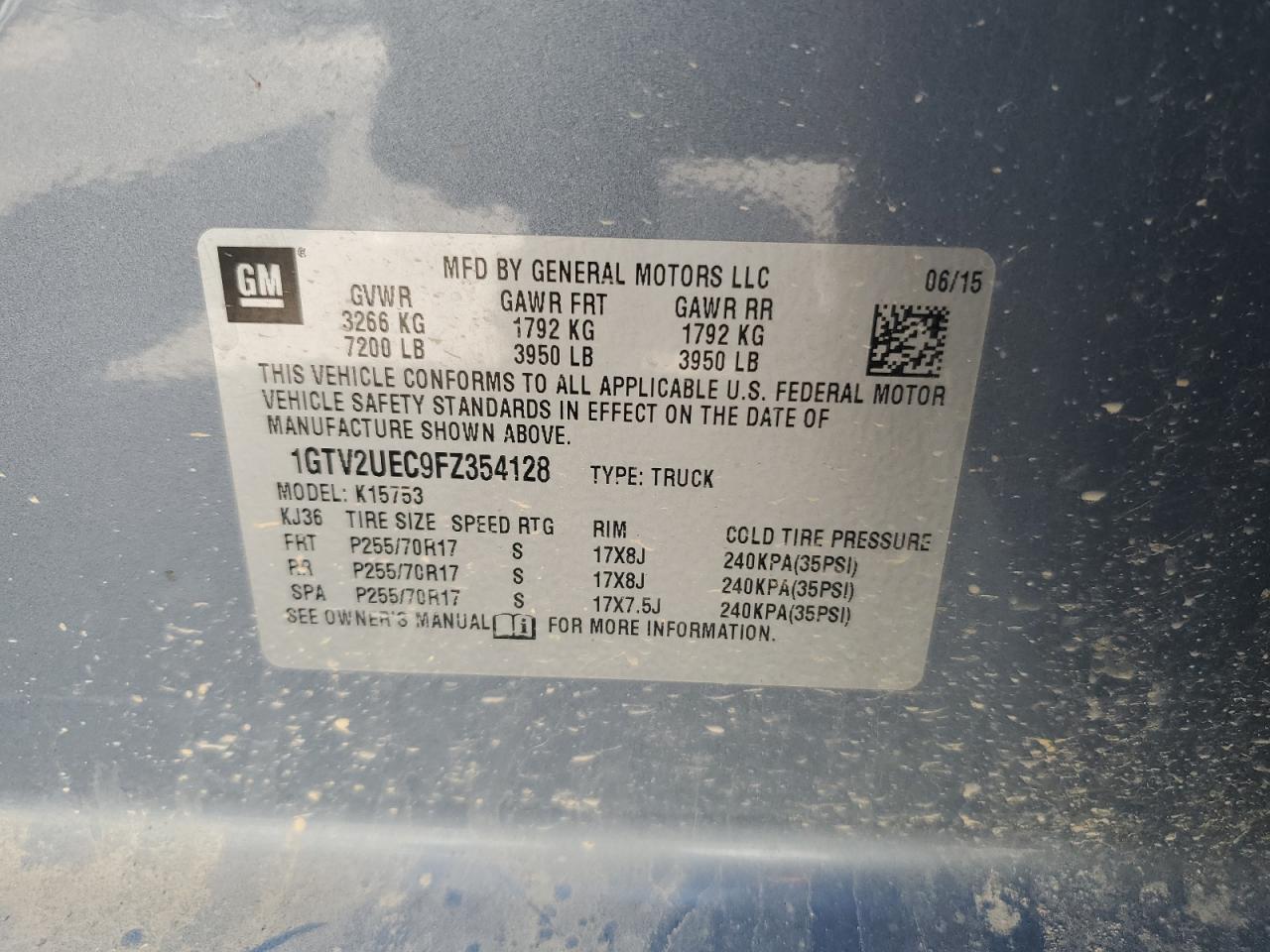 2015 GMC Sierra K1500 Sle VIN: 1GTV2UEC9FZ354128 Lot: 80269715