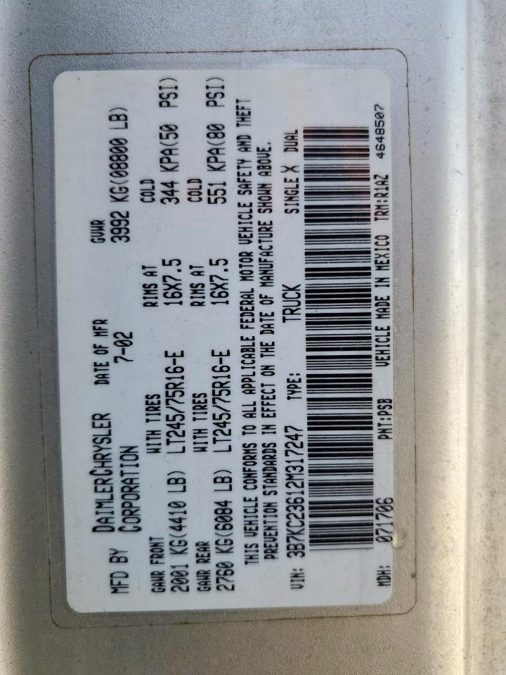 2002 Dodge Ram 2500 VIN: 3B7KC23612M317247 Lot: 71536555