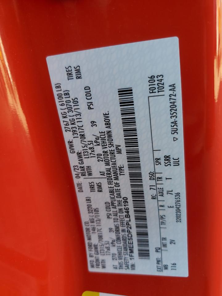 2023 Ford Bronco Base VIN: 1FMEE5DP2PLB46190 Lot: 80404615