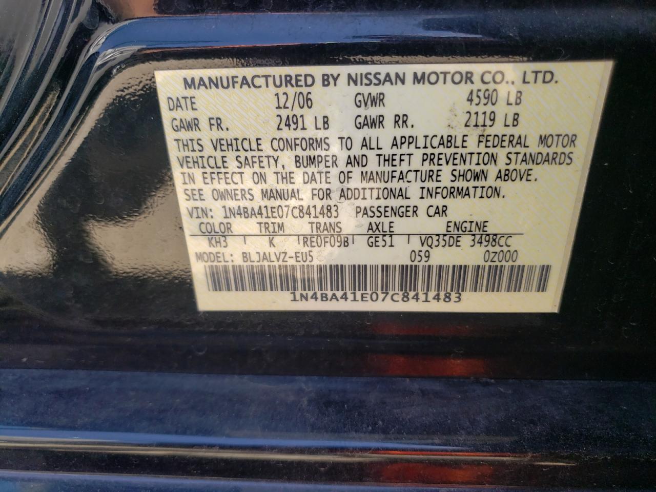 2007 Nissan Maxima Se VIN: 1N4BA41E07C841483 Lot: 80681225