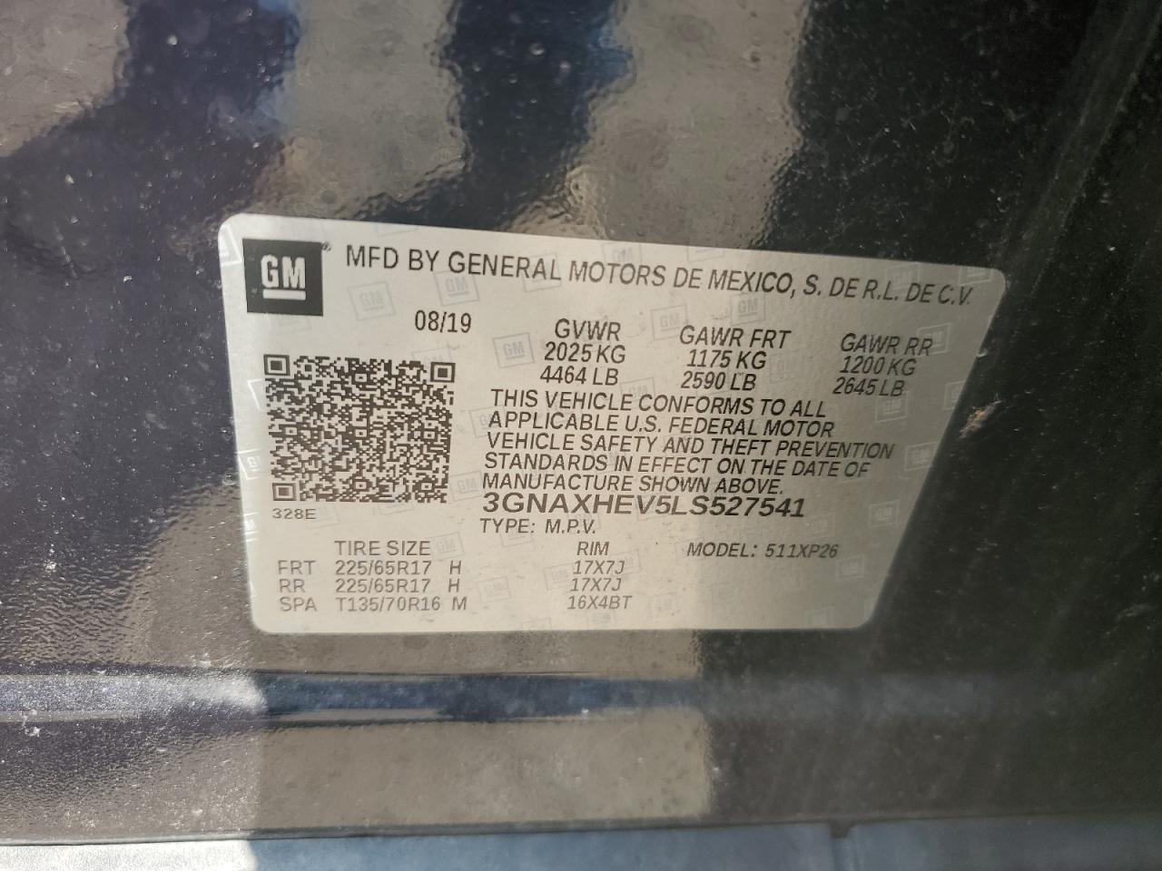 2020 Chevrolet Equinox Ls VIN: 3GNAXHEV5LS527541 Lot: 80407855