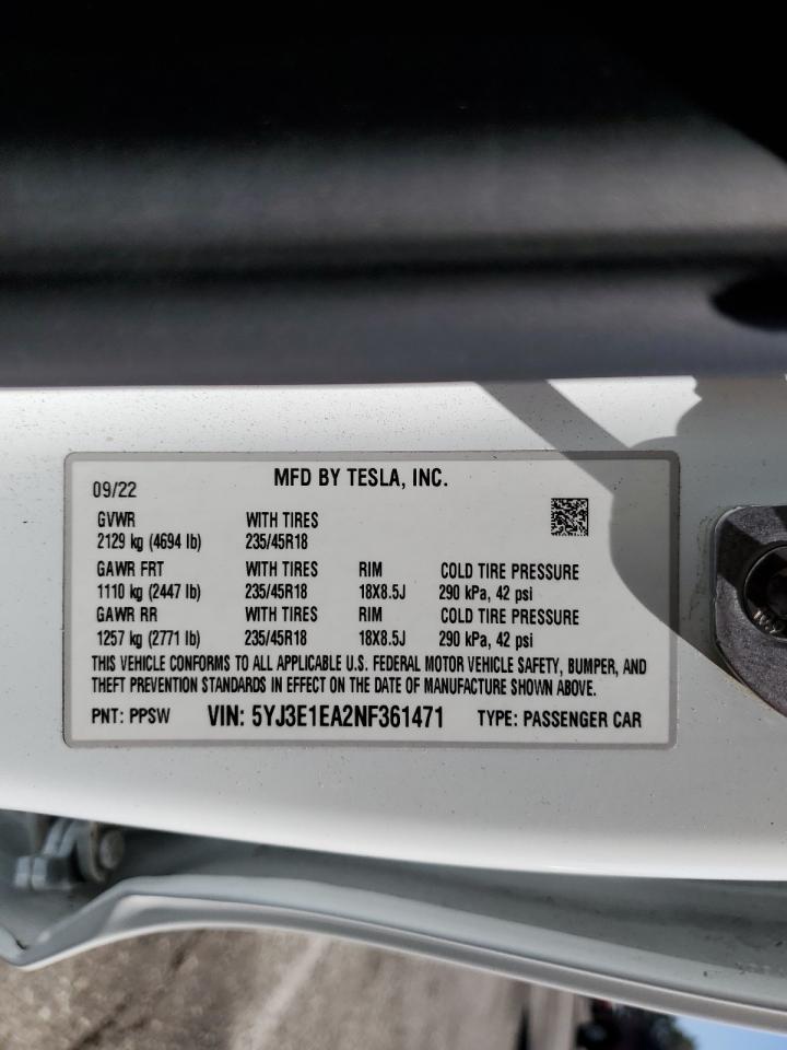 2022 Tesla Model 3 VIN: 5YJ3E1EA2NF361471 Lot: 81159275