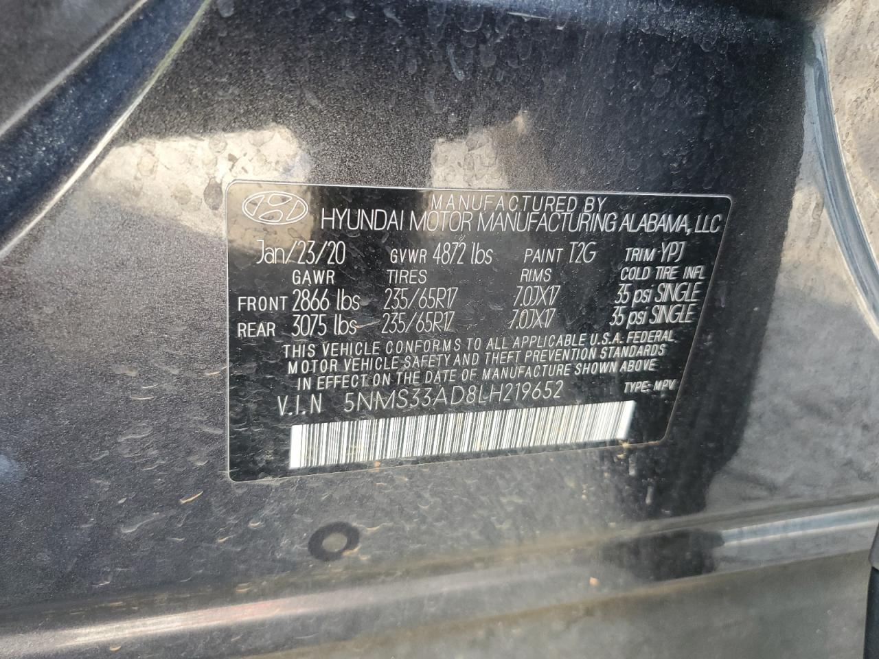 2020 Hyundai Santa Fe Sel VIN: 5NMS33AD8LH219652 Lot: 81762725