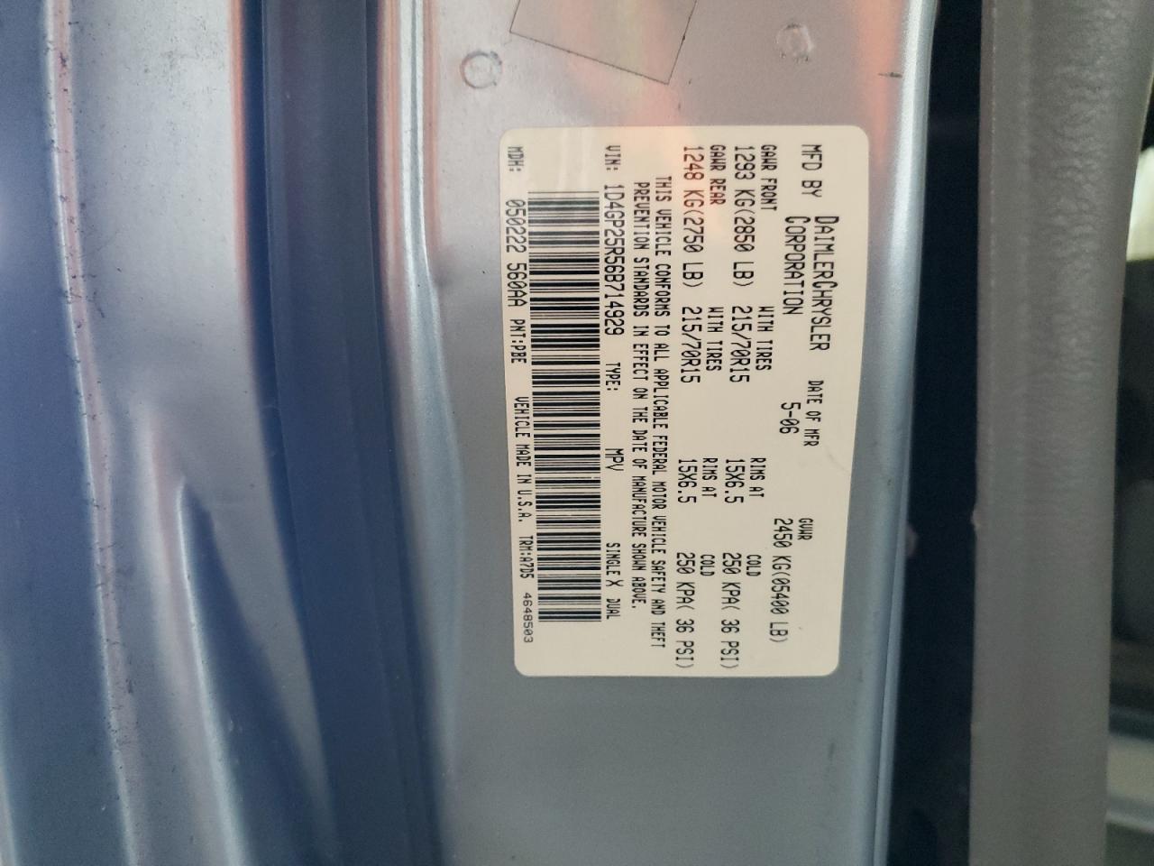 2006 Dodge Caravan Se VIN: 1D4GP25R56B714929 Lot: 81248085